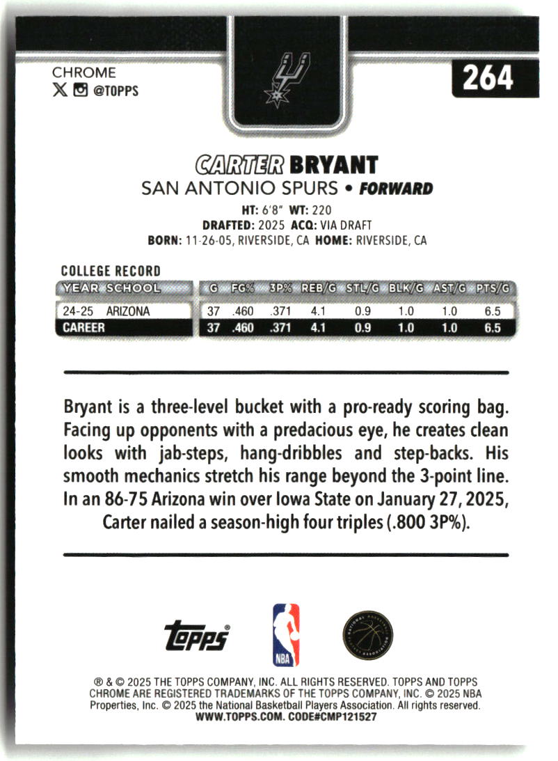 Carter Bryant 2025-26 Topps Chrome #264