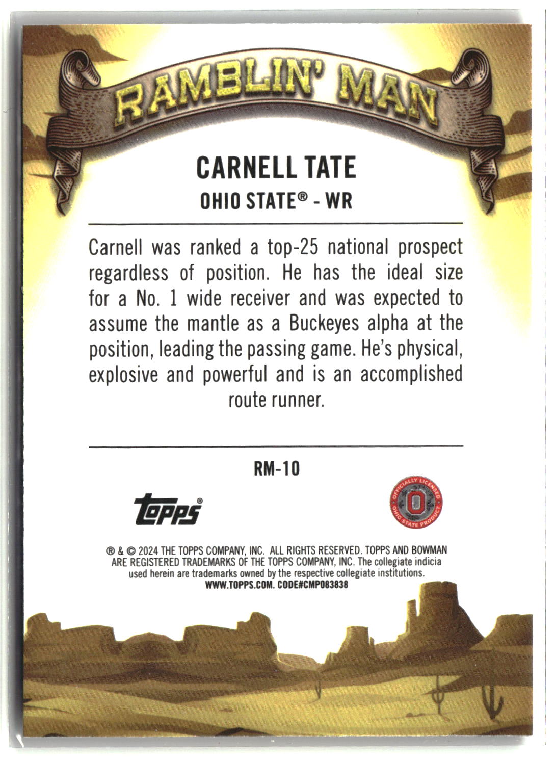Carnell Tate 2024 Bowman University Chrome Ramblin’ Man #RM-10