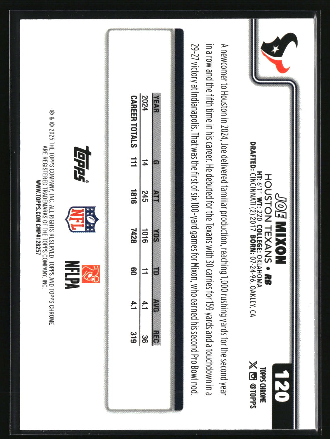 Joe Mixon 2025 Topps Chrome Ray Wave Refractor #120