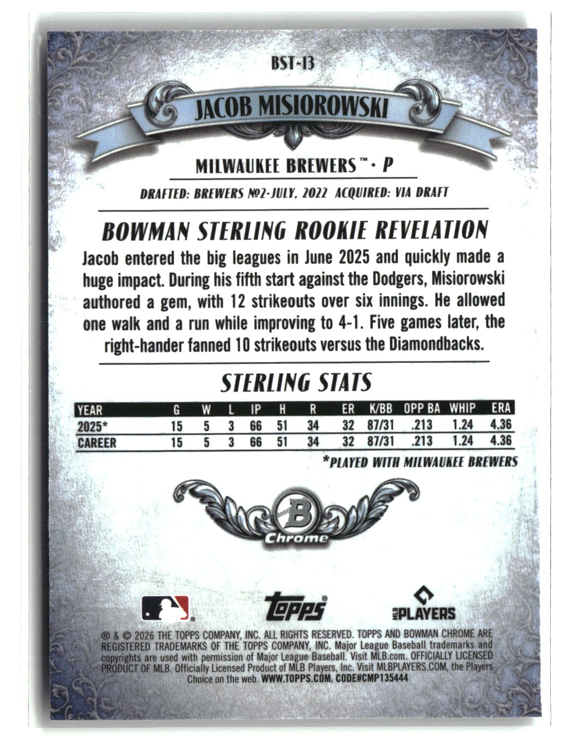 Jacob Misiorowski 2026 Bowman Bowman Sterling #BST-13