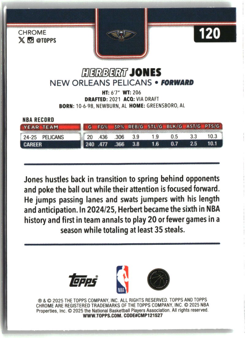 Herbert Jones 2025-26 Topps Chrome Refractor Error No Refractor Stamp #120