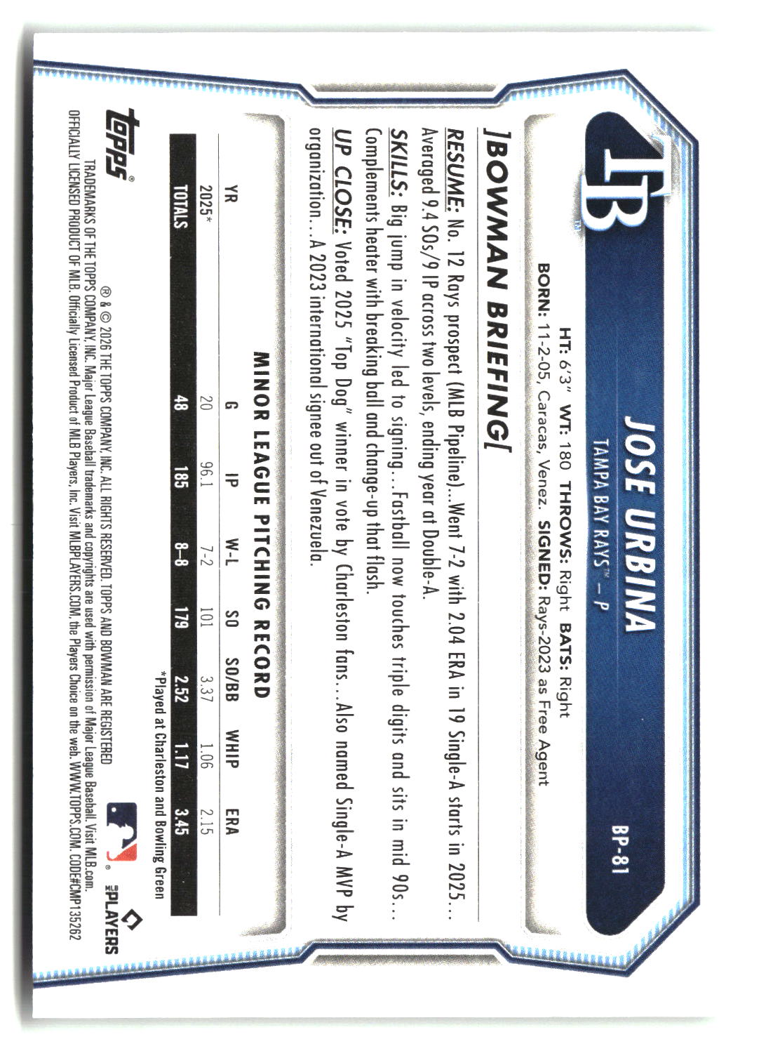 Jose Urbina 2026 Bowman Prospects #BP-81