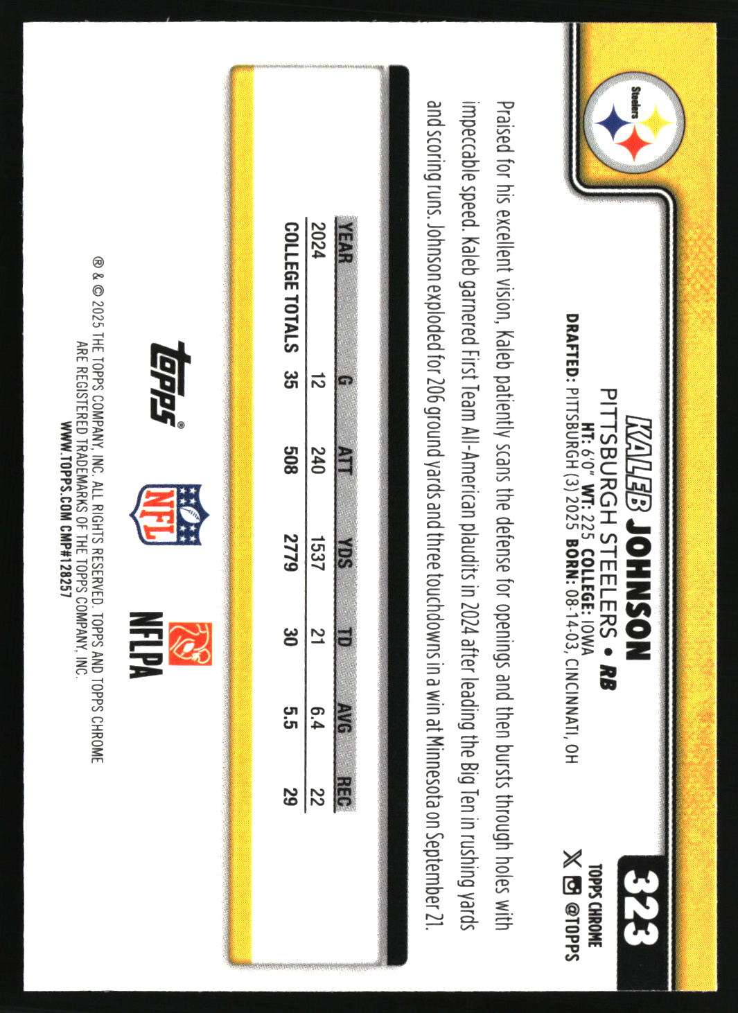 Kaleb Johnson 2025 Topps Chrome #323