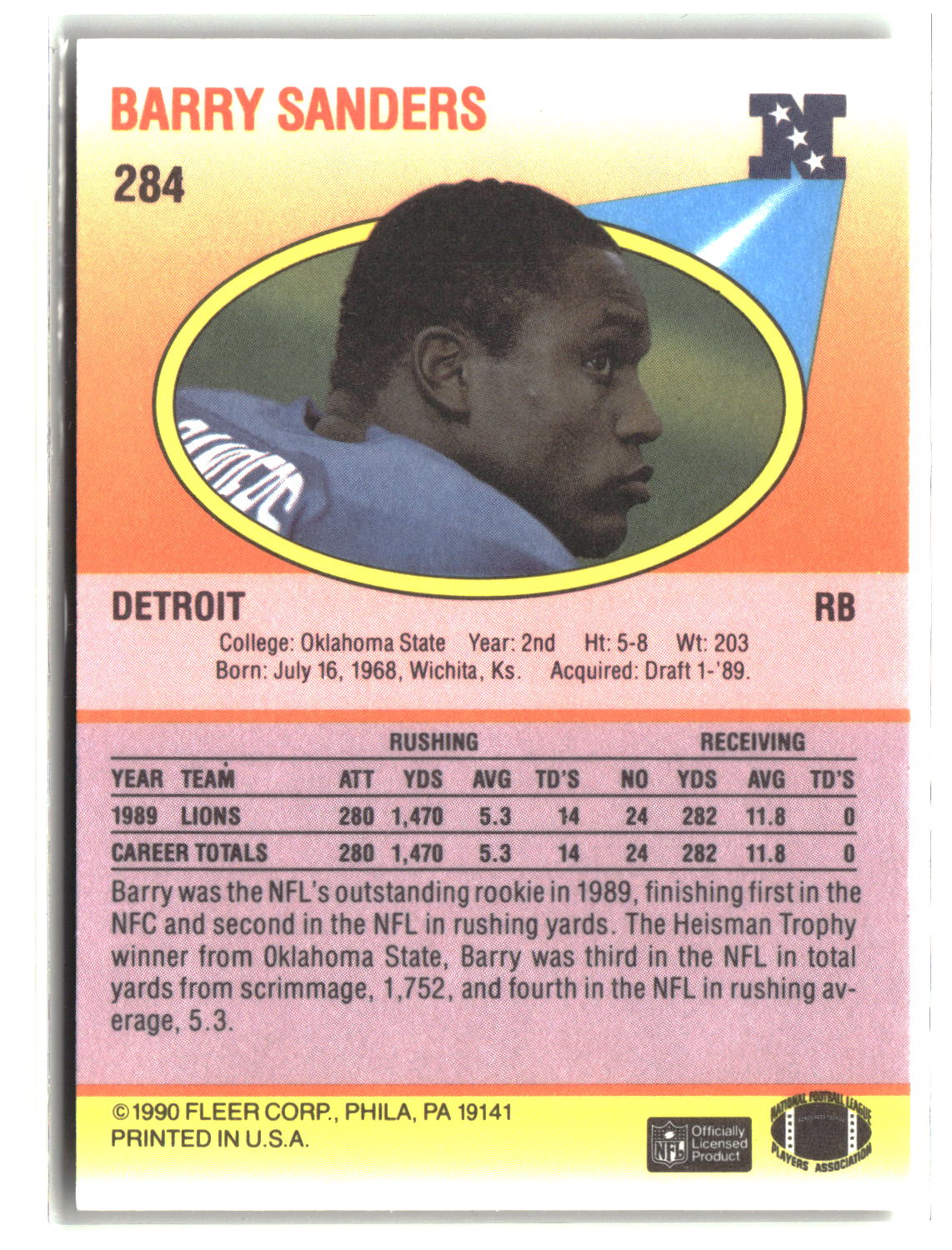 Barry Sanders 1990 Fleer #284
