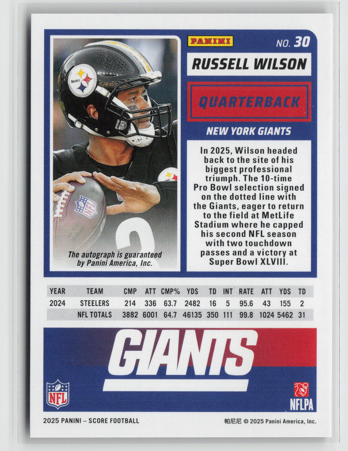 Russell Wilson 2025 Score Base Signatures Red Zone #30 #/20