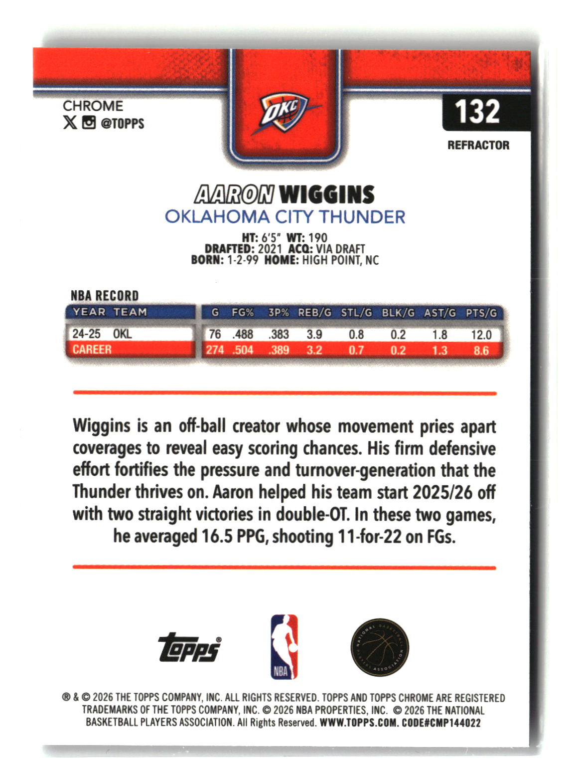 Aaron Wiggins 2025-26 Topps Chrome Update Refractor #132