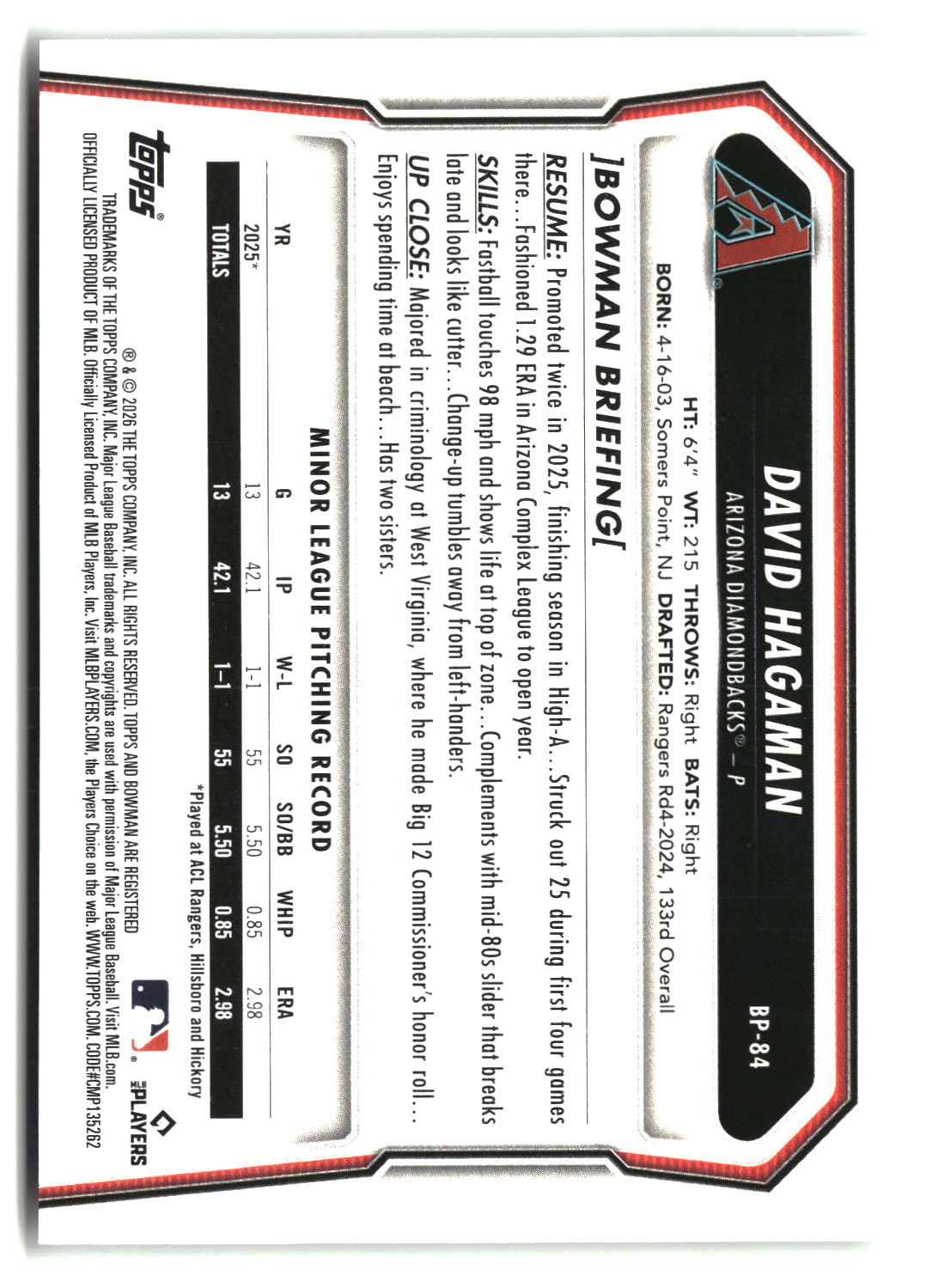David Hagaman 2026 Bowman Prospects #BP-84