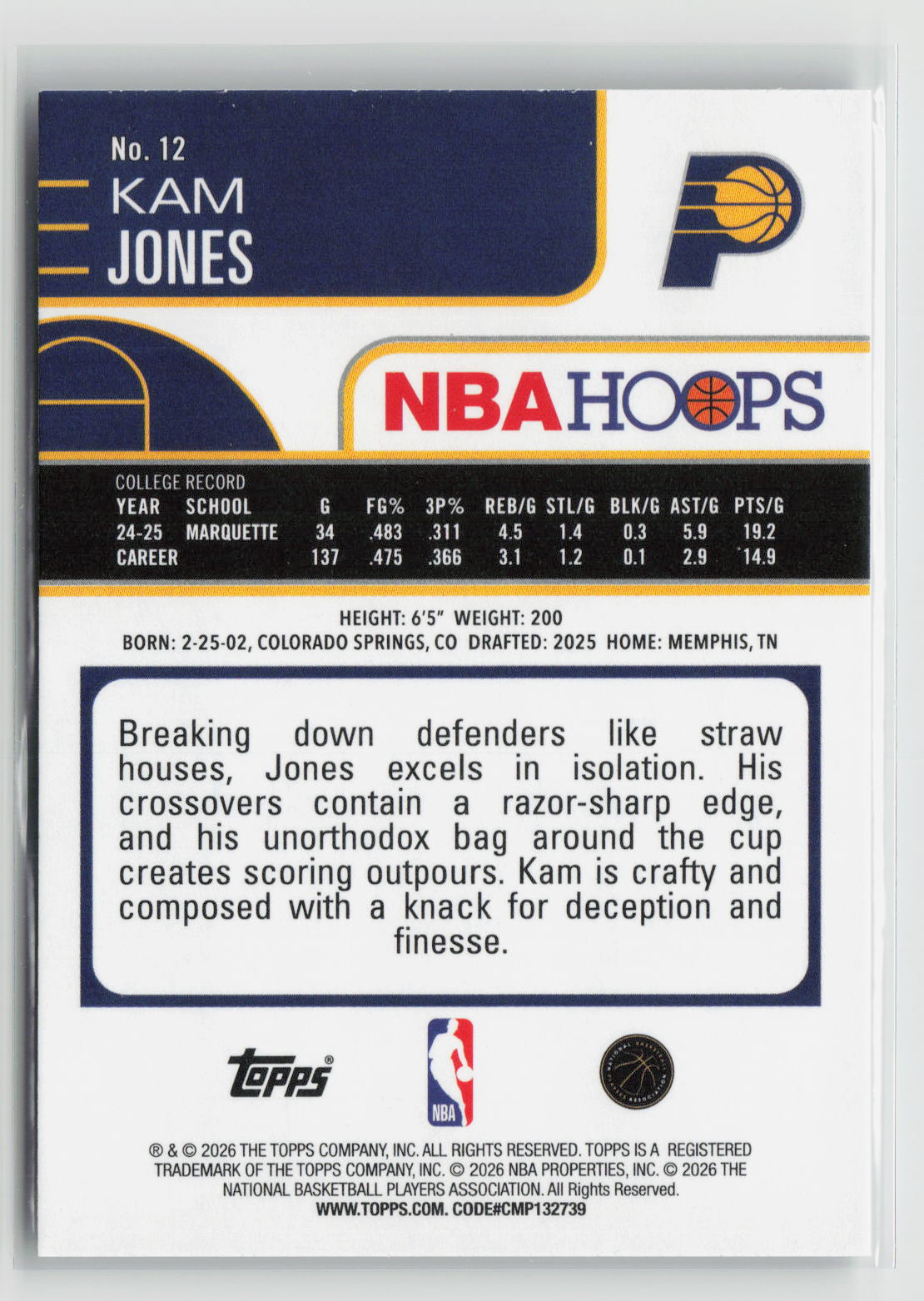 Kam Jones 2025-26 Hoops Pixel Burst #12