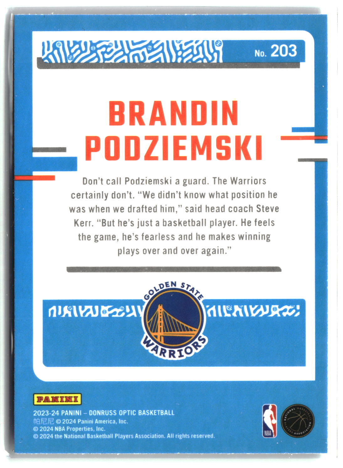 Brandin Podziemski 2023-24 Donruss Optic #203