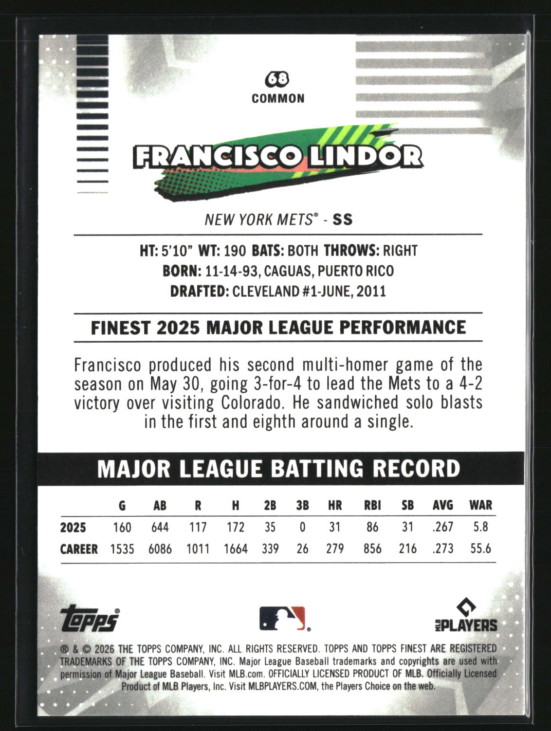 Francisco Lindor 2026 Finest #68