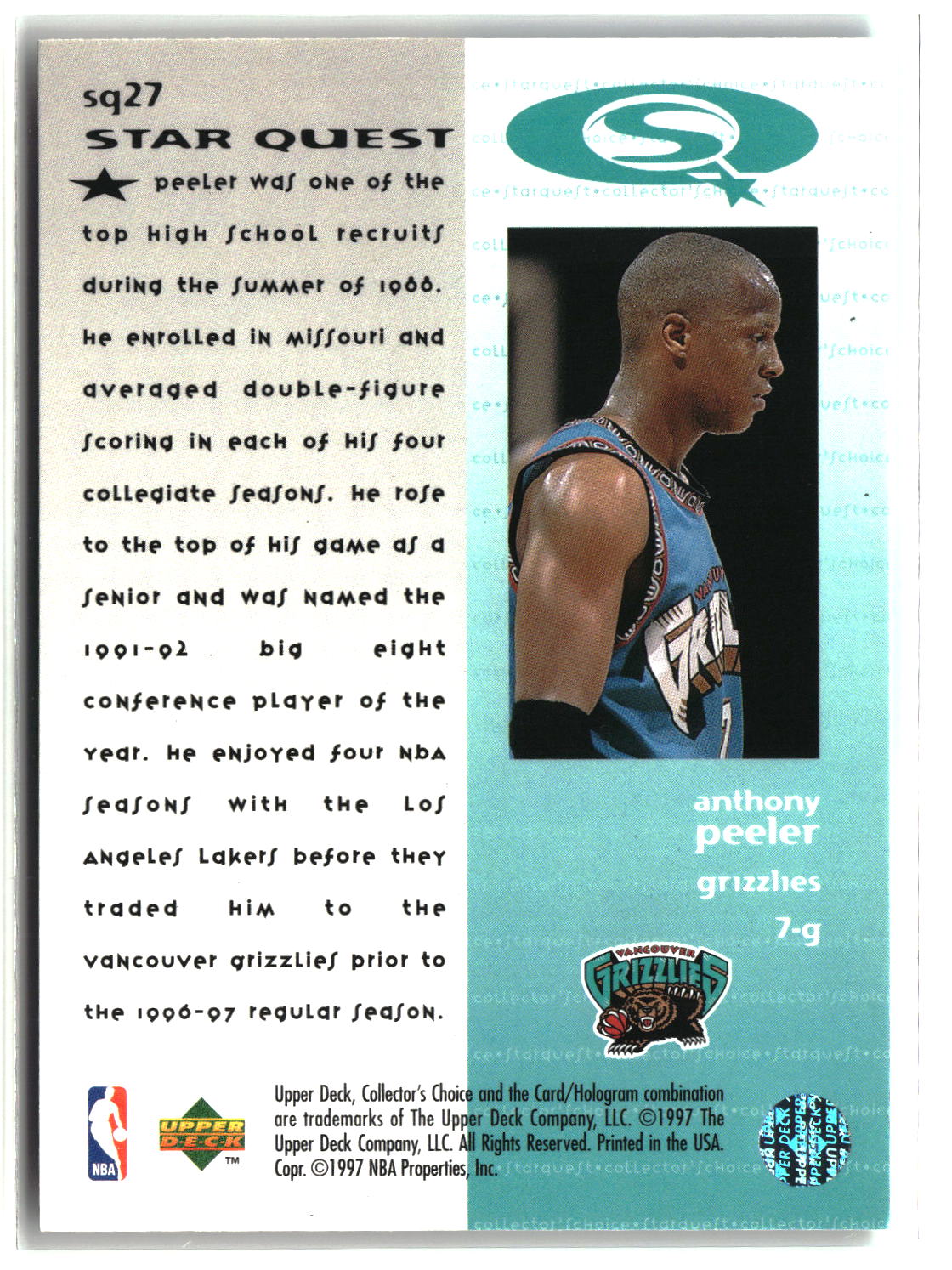 Anthony Peeler 1997-98 Collector's Choice StarQuest #SQ27