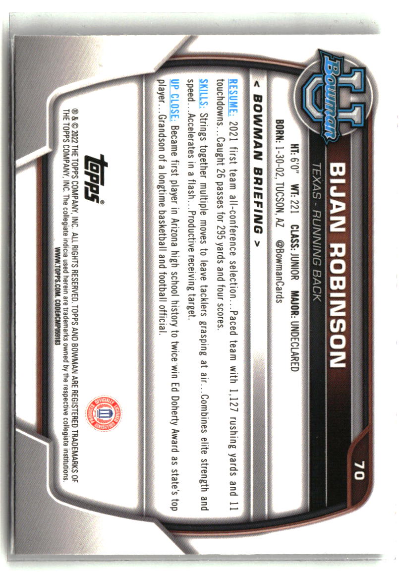 Bijan Robinson 2022 Bowman University Chrome #70