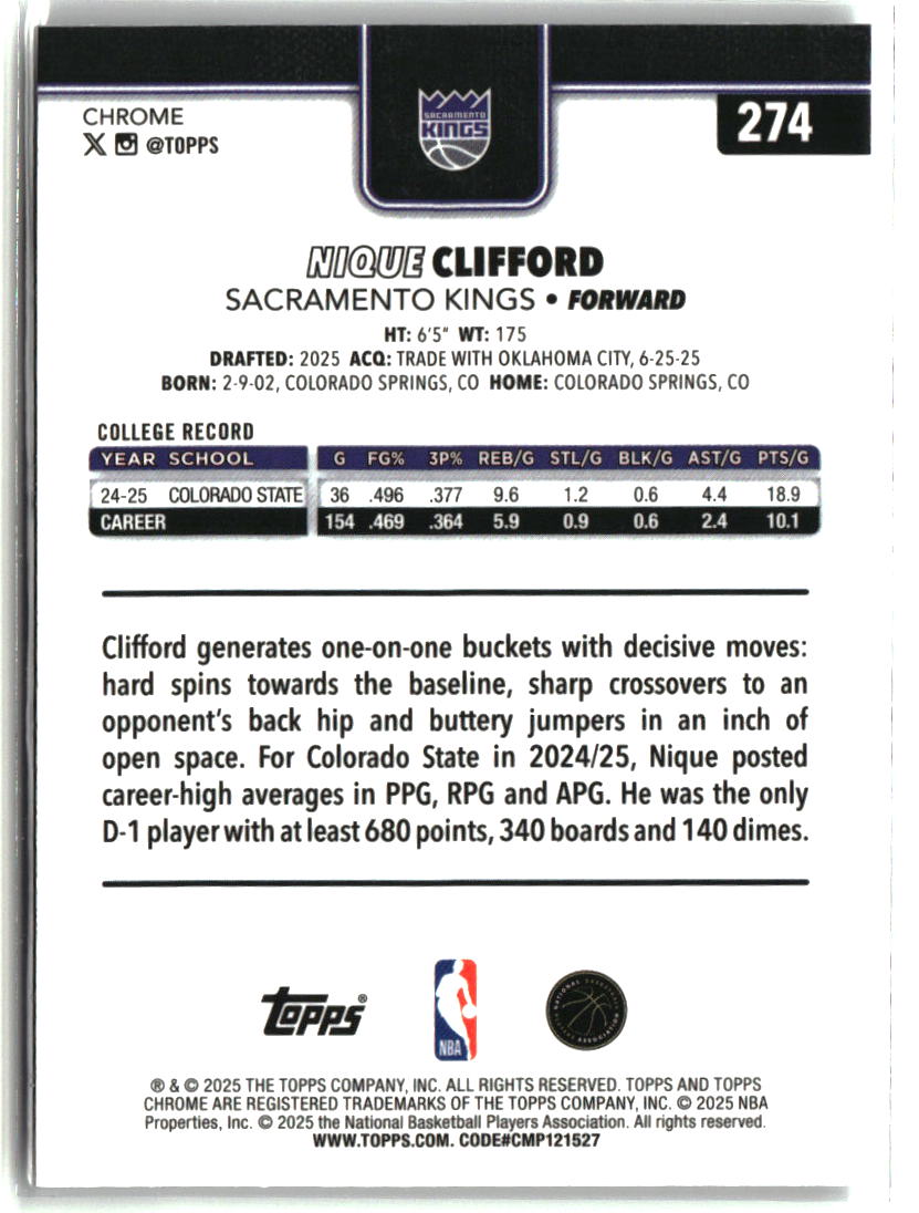 Nique Clifford 2025-26 Topps Chrome #274