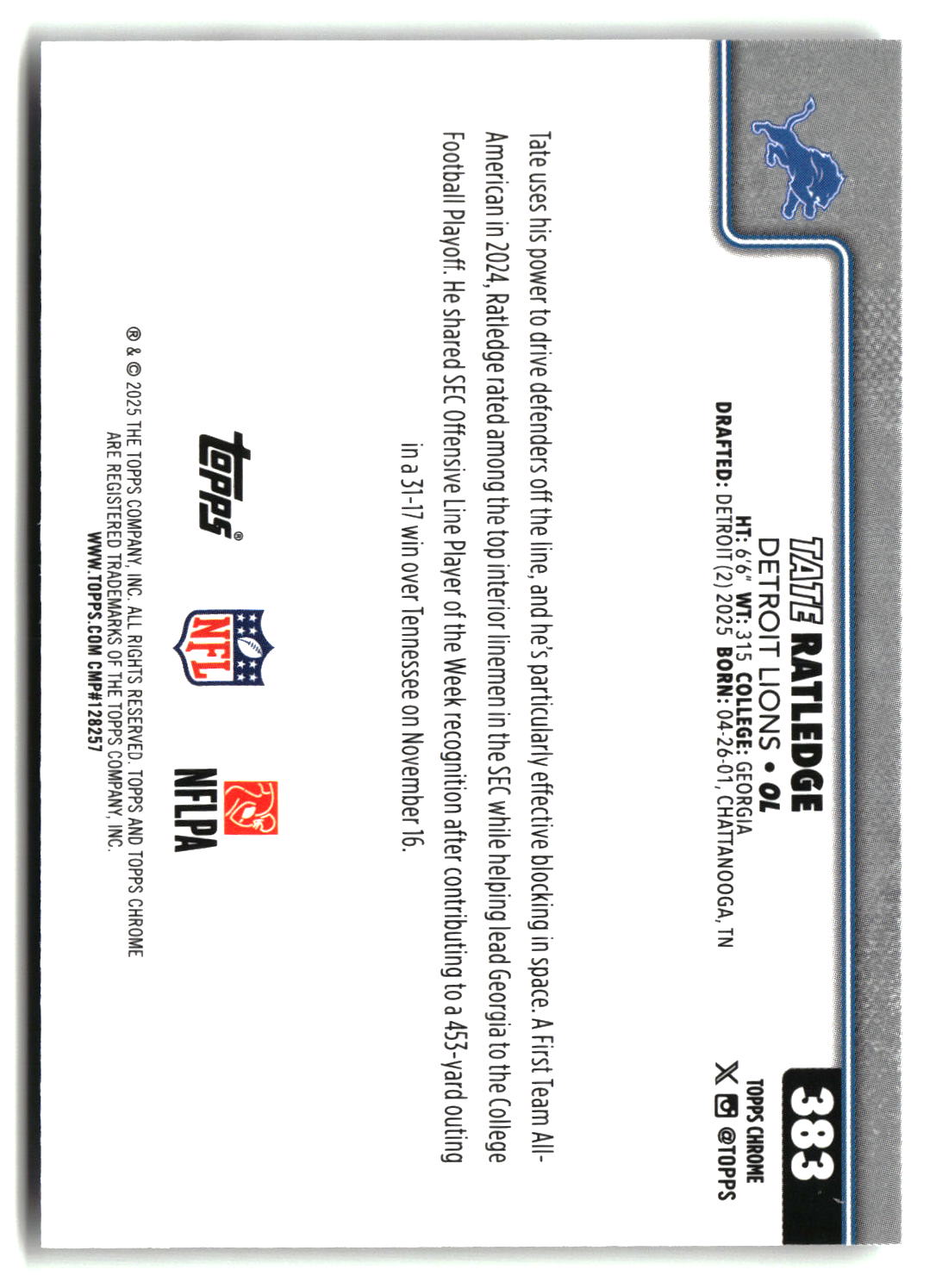 Tate Ratledge 2025 Topps Chrome #383