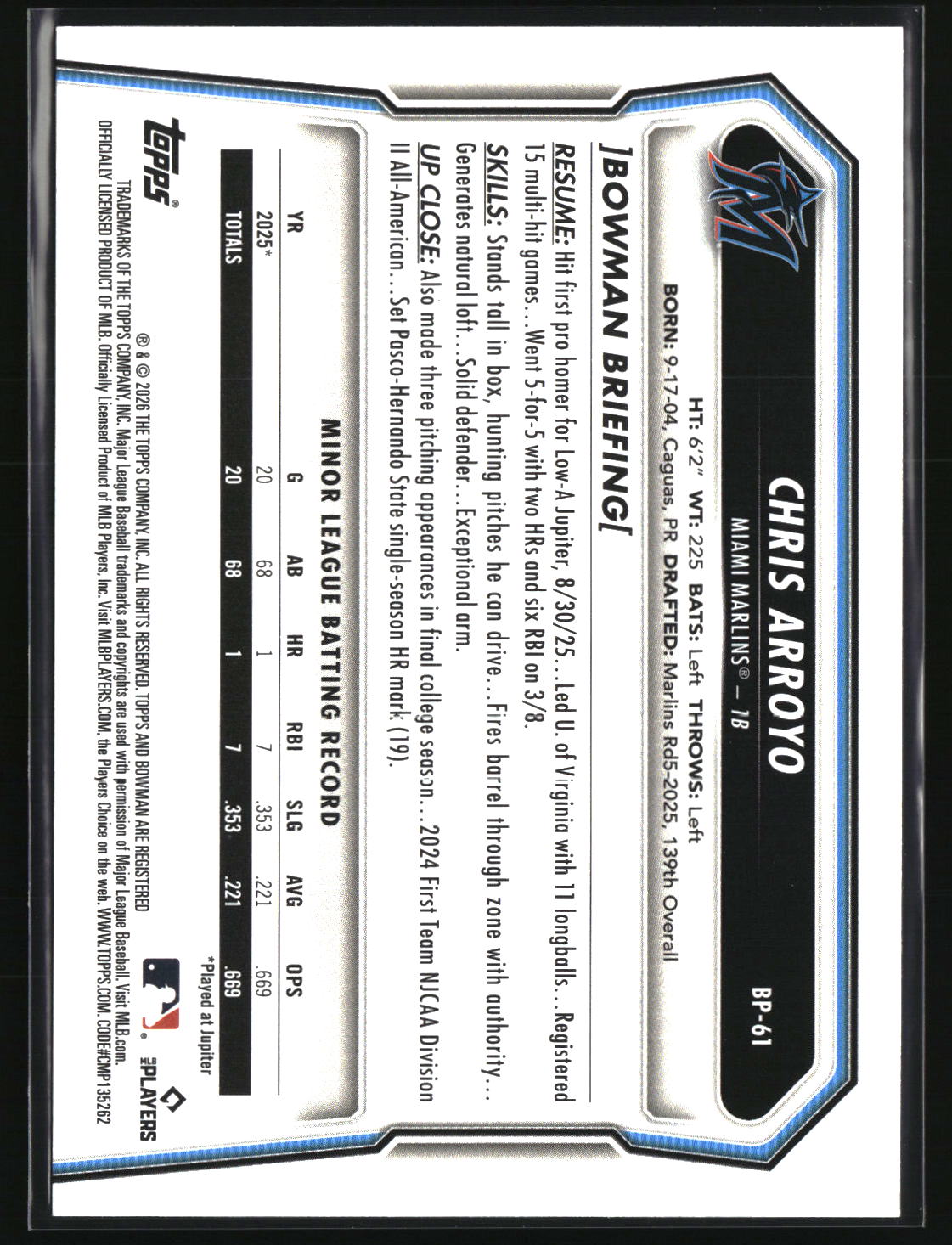 Chris Arroyo 2026 Bowman Prospects #BP-61