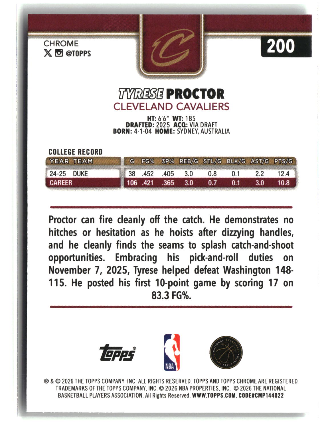 Tyrese Proctor 2025-26 Topps Chrome Update #200