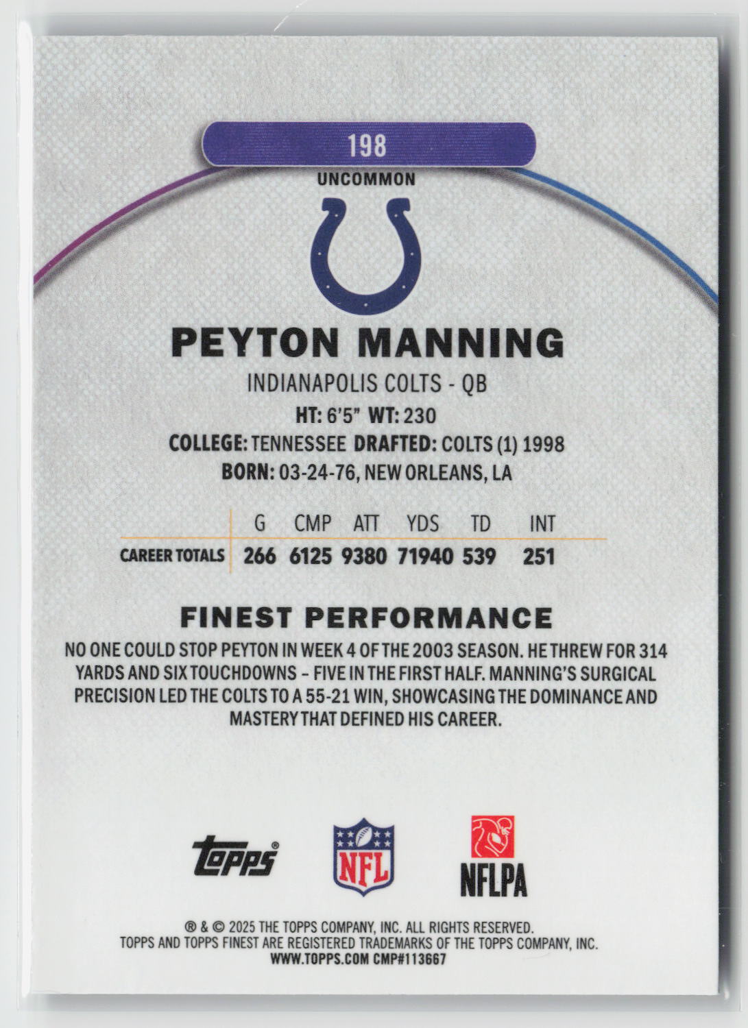 Peyton Manning 2025 Finest Purple Refractor #198