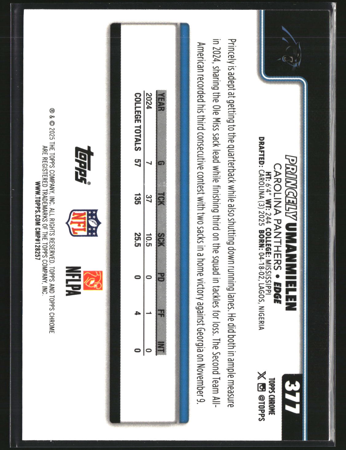 Princely Umanmielen 2025 Topps Chrome Football Football Leather Refractor #377