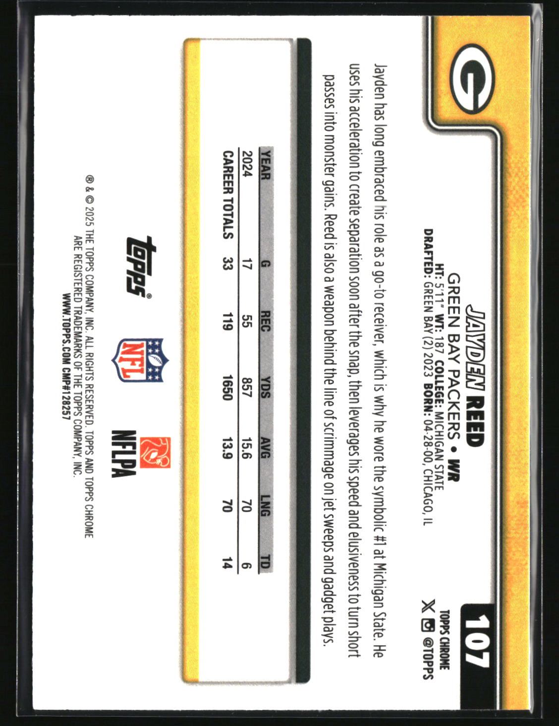 Jayden Reed 2025 Topps Chrome Pulsar Refractor #107