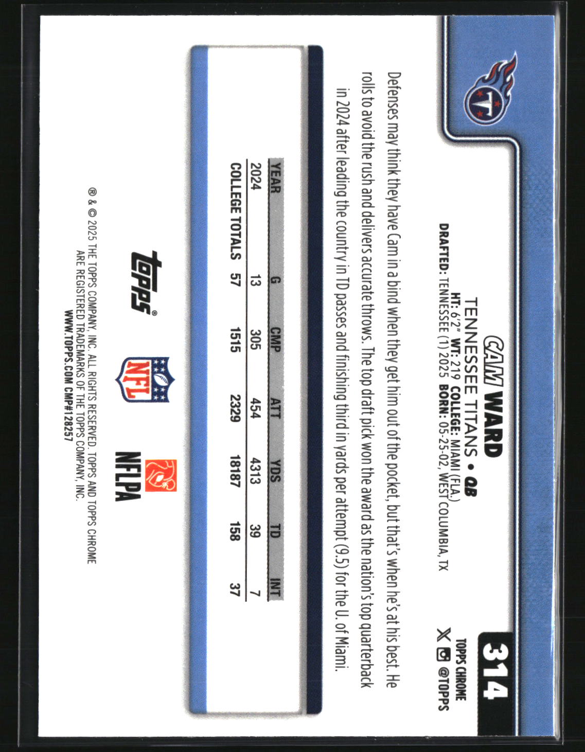 Cam Ward 2025 Topps Chrome Football #314