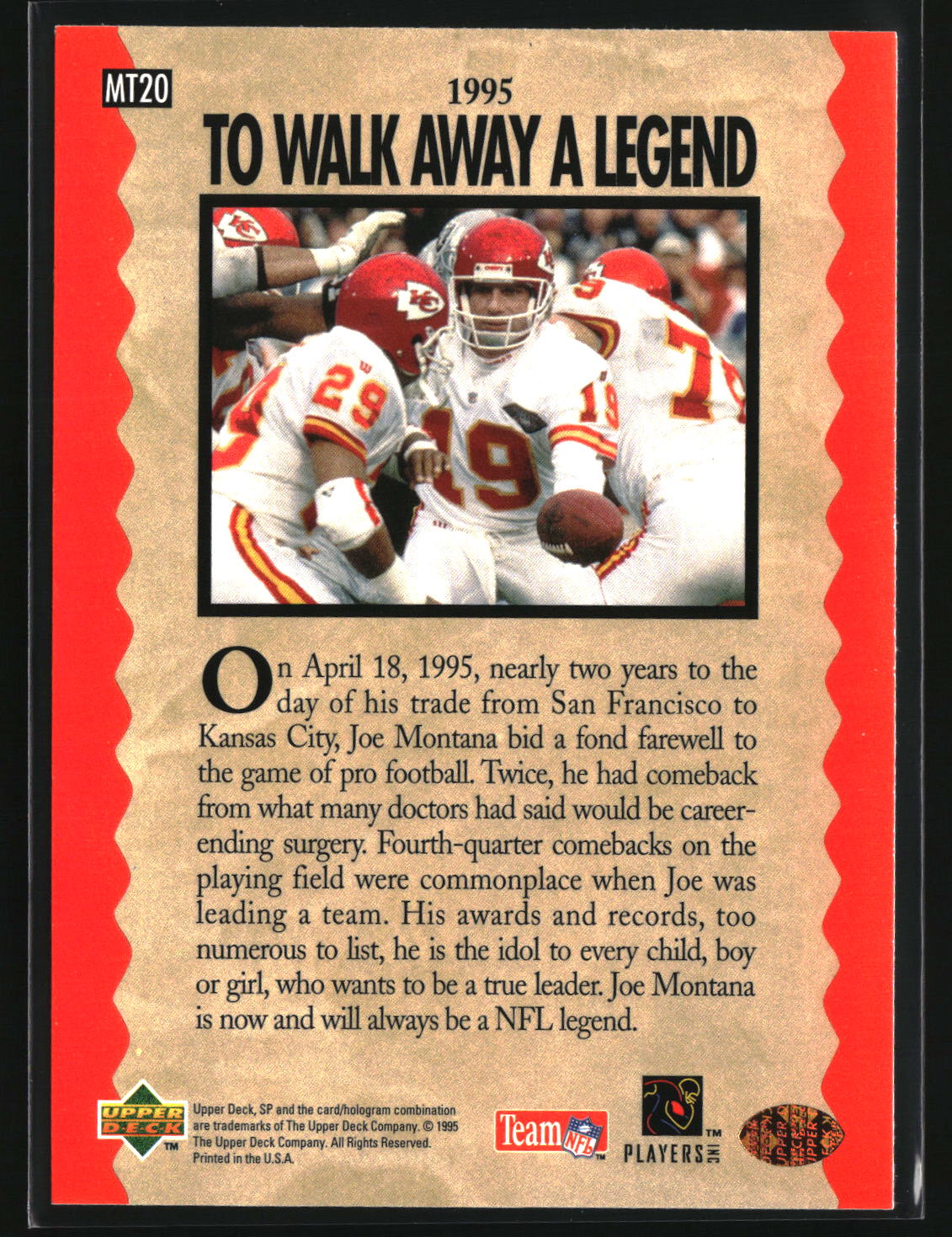 Joe Montana 1995 SP Joe Montana Trilogy #MT20
