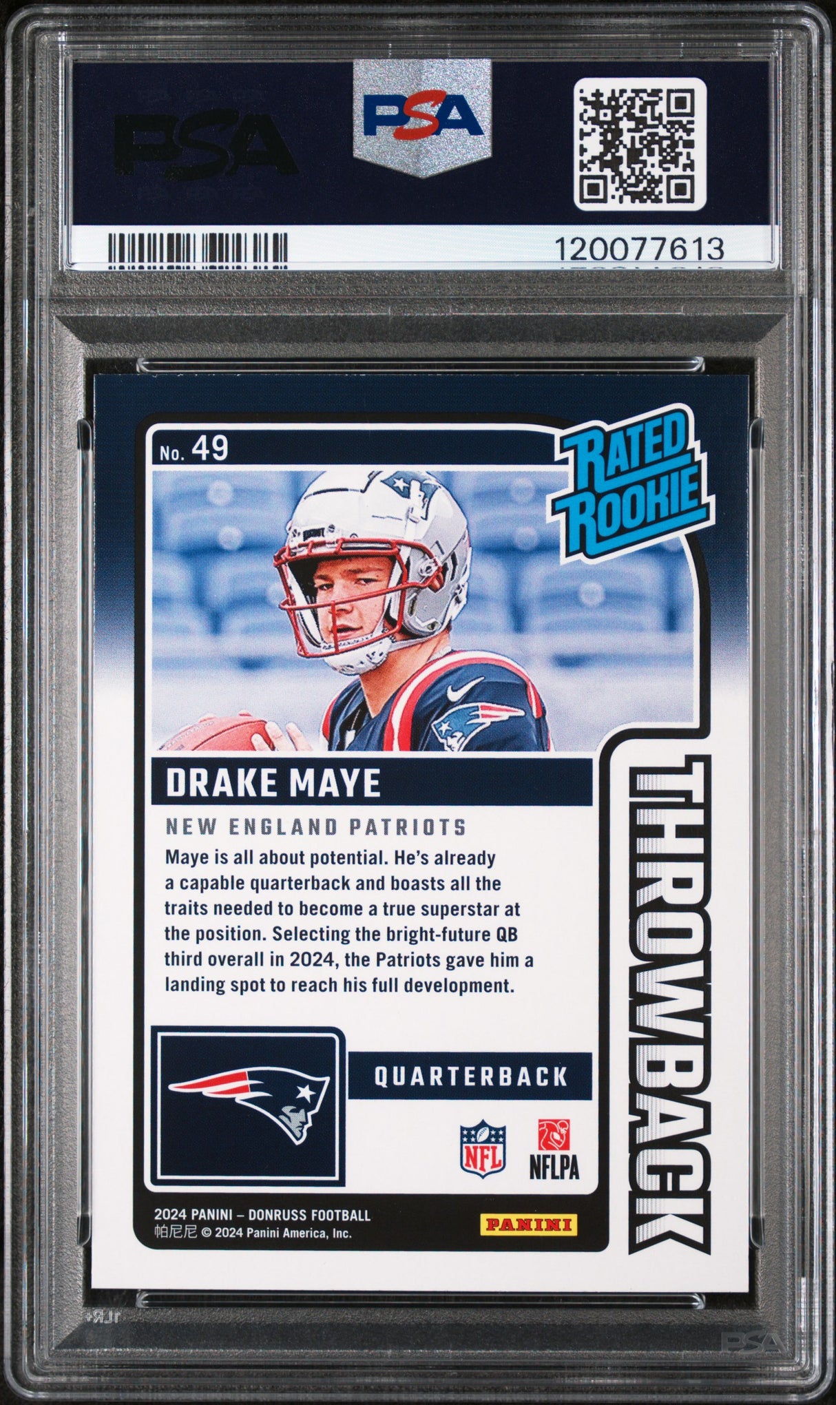 Drake Maye 2024 Panini Donruss Rated Rookies Throwback #49 PSA 9