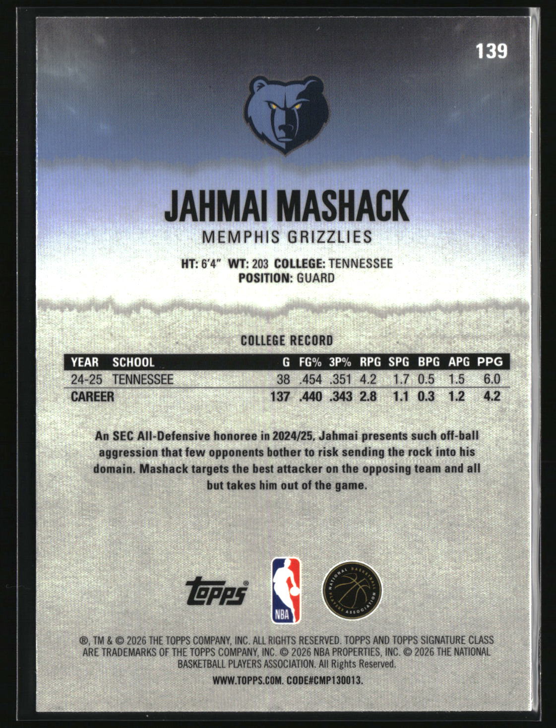 Jahmai Mashack 2025-26 Topps Signature Class Chrome #139