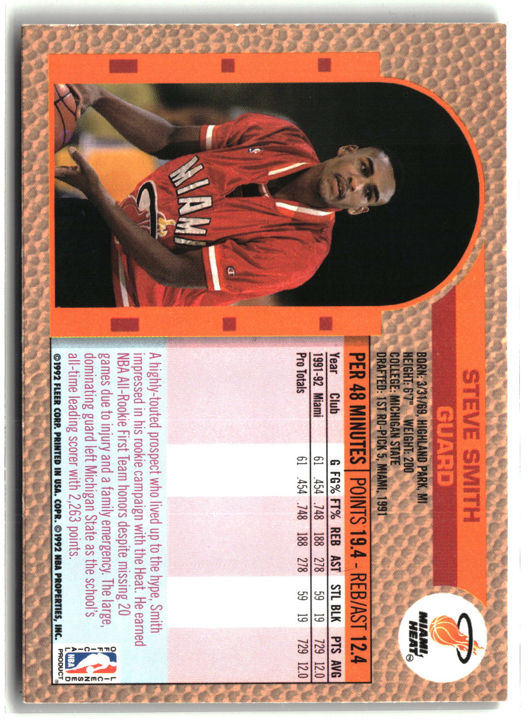 Steve Smith 1992-93 Fleer Tony's Pizza #NNO