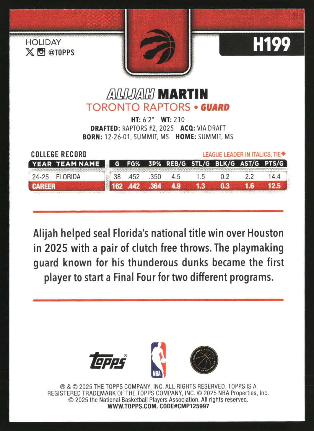 Alijah Martin 2025-26 Topps Holiday #H199