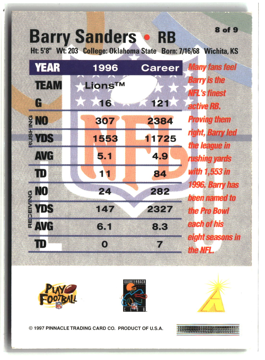 Barry Sanders 1997 Pinnacle Ultra-PRO Rembrandt #8