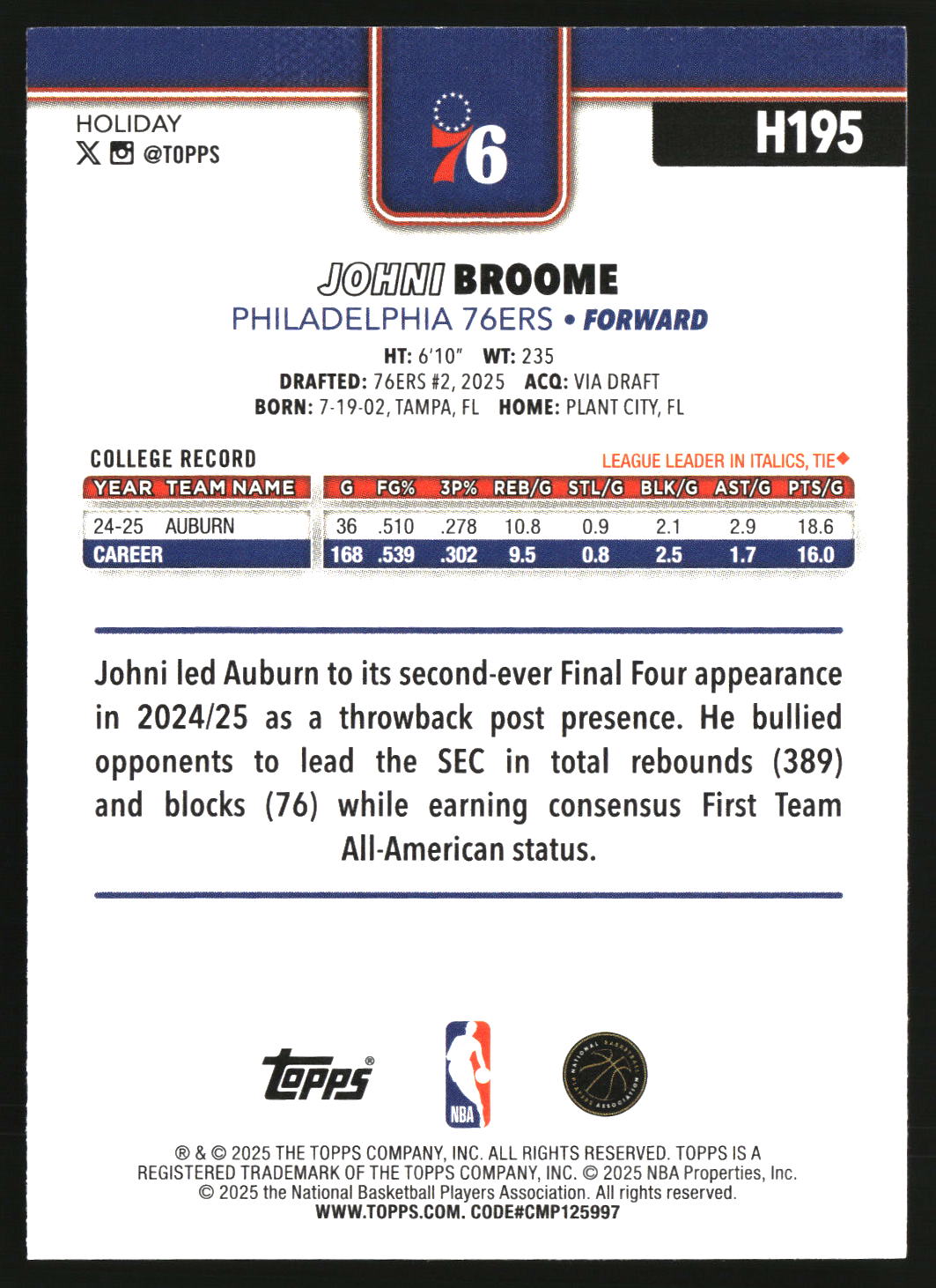 Johni Broome 2025-26 Topps Holiday #H195
