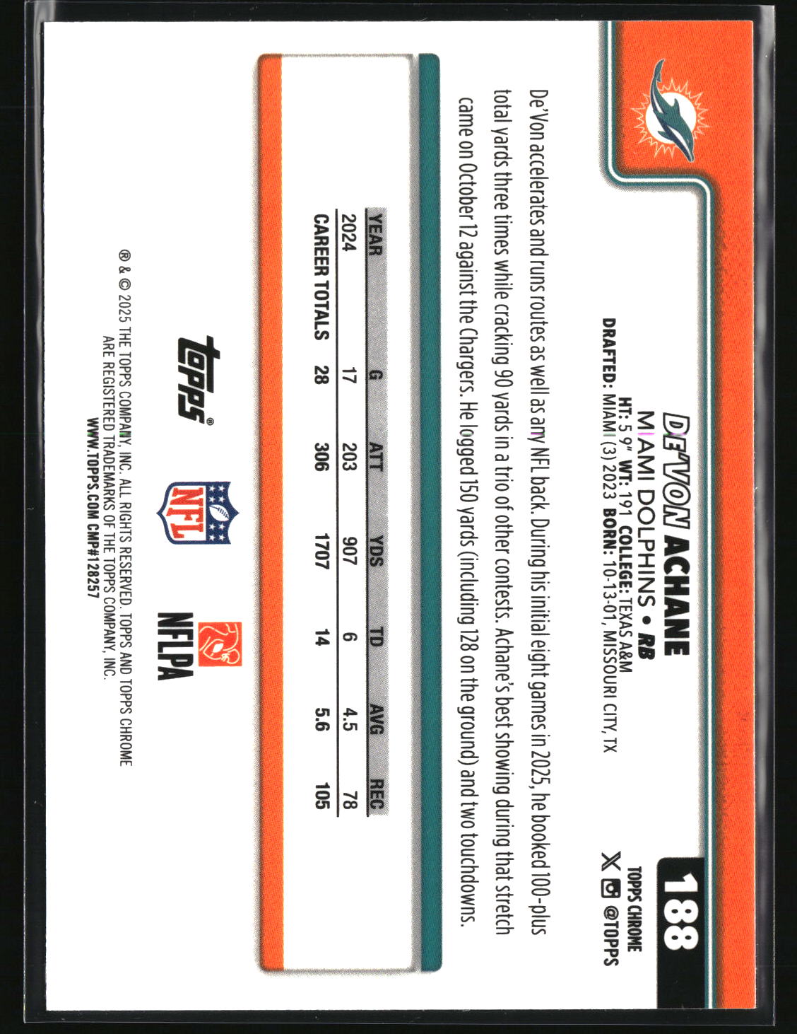 De'Von Achane 2025 Topps Chrome Pulsar Refractor #188