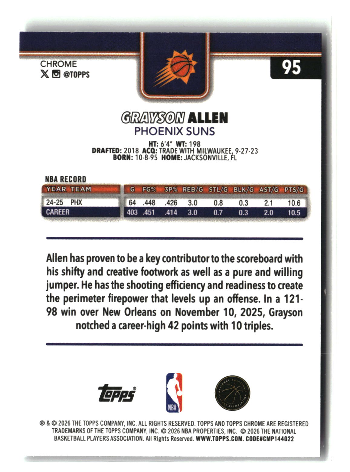 Grayson Allen 2025-26 Topps Chrome Update Prism Refractor #95
