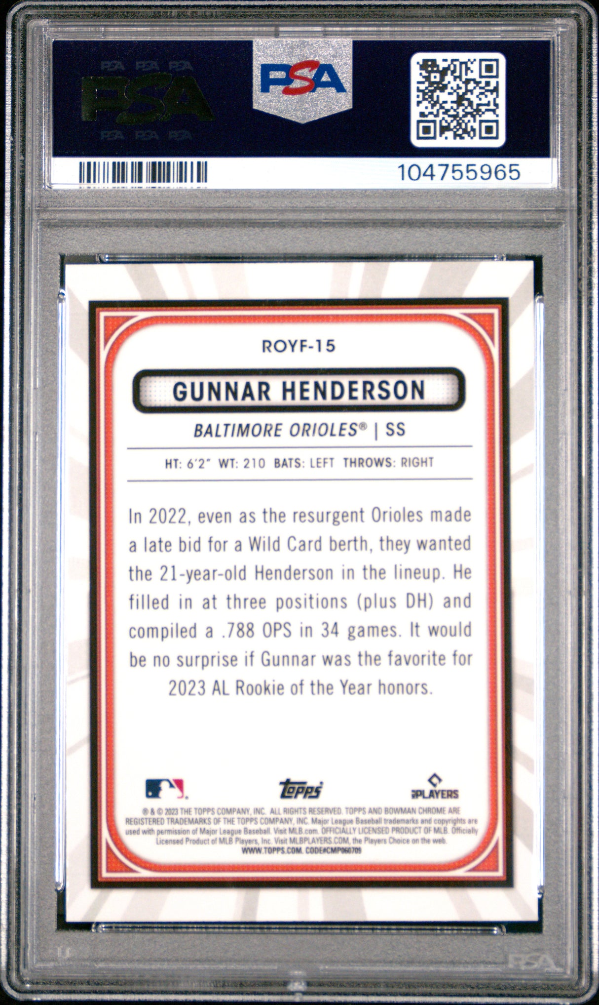 Gunnar Henderson 2023 Bowman Rookie Of The Year Favorites #ROYF15 PSA 9