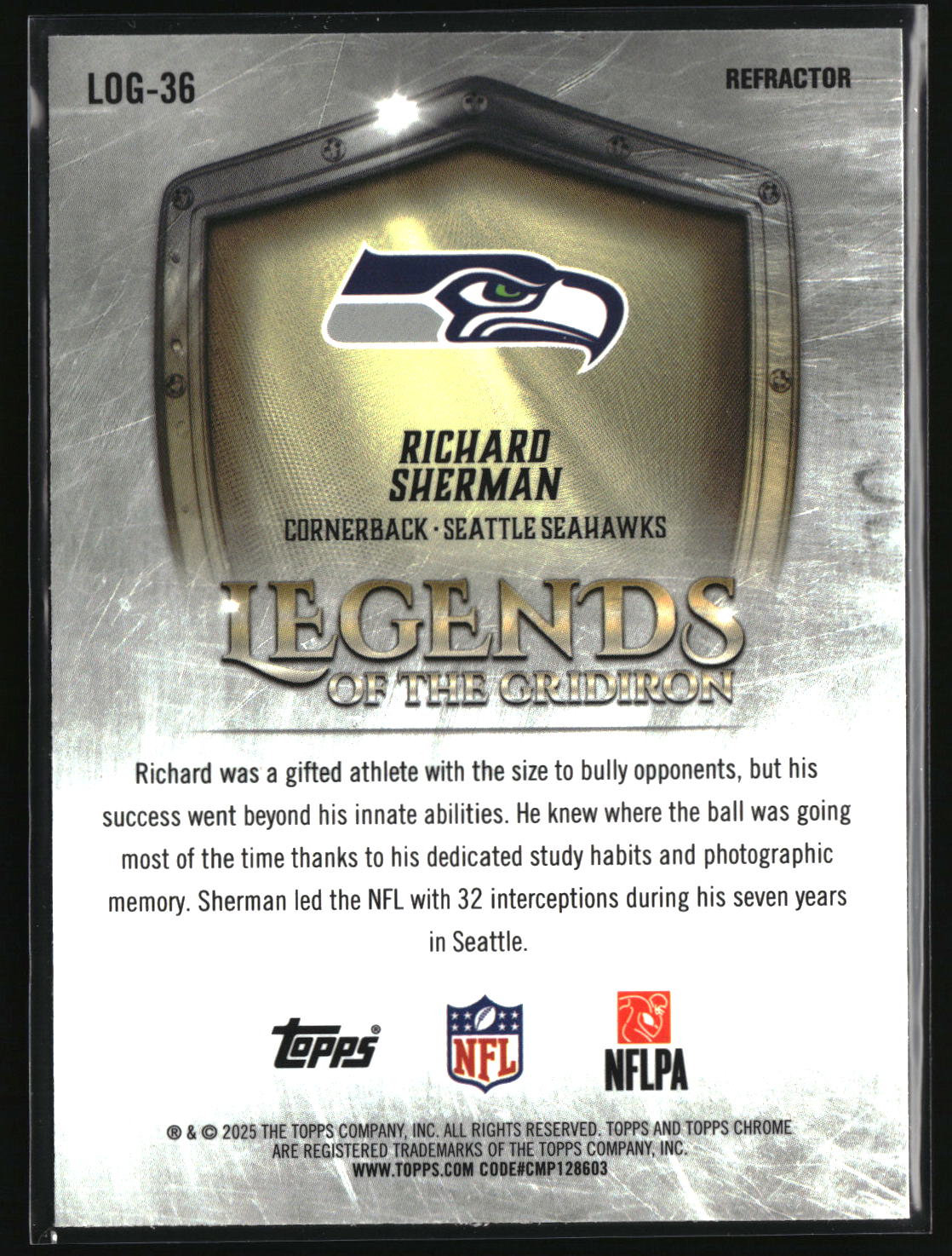 Richard Sherman 2025 Topps Chrome Legends of the Gridiron Refractor #LOG-36