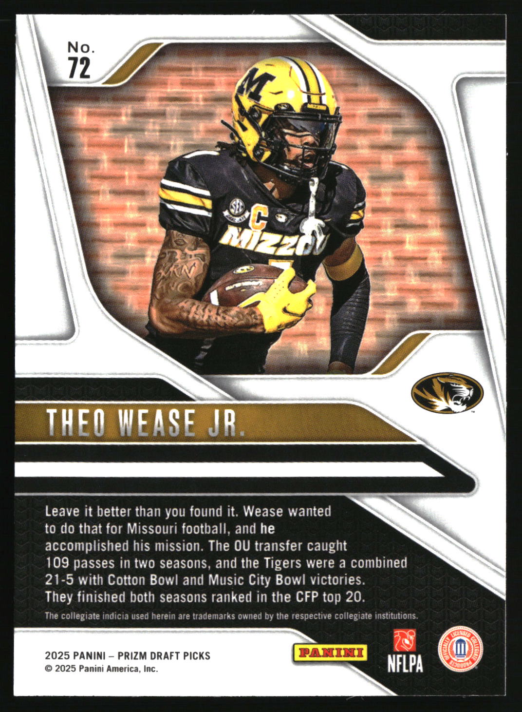Theo Wease Jr. 2025 Panini Prizm Draft Picks #72