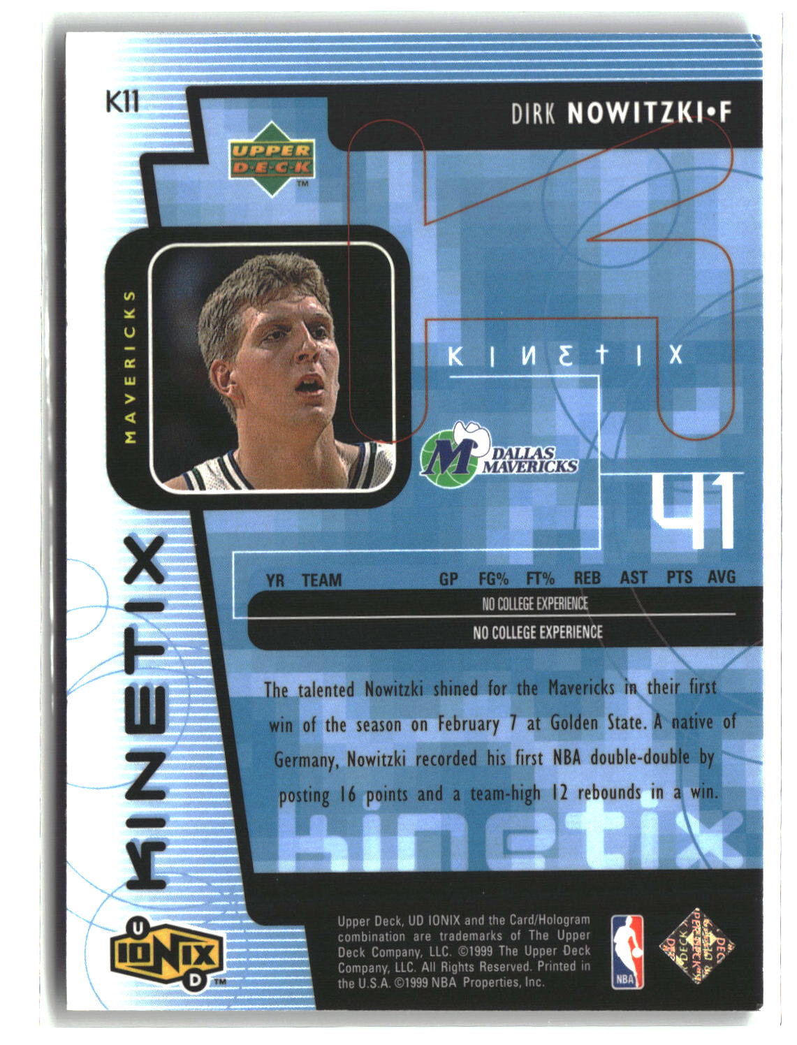 Dirk Nowitzki 1998-99 Upper Deck Ionix Kinetix #K11
