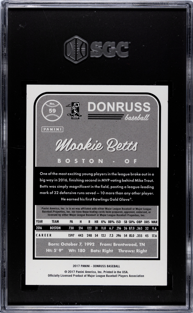Mookie Betts 2017 Donruss Catcher Shown Gray Border #59 /199 SGC 10