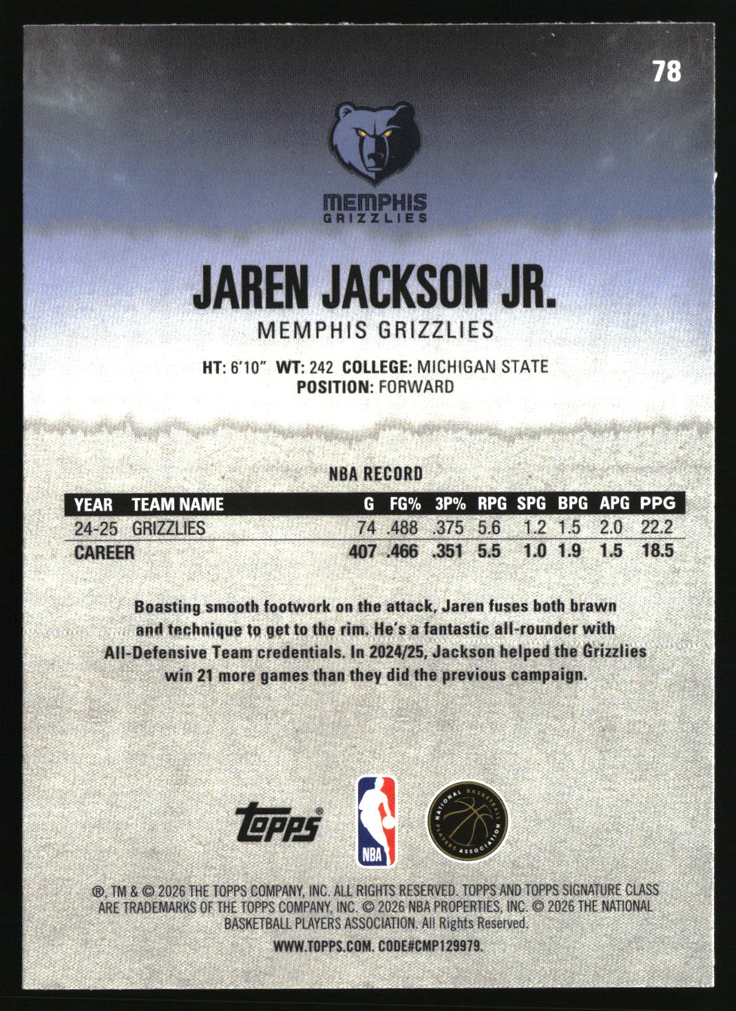 Jaren Jackson Jr. 2025-26 Topps Signature Class #78