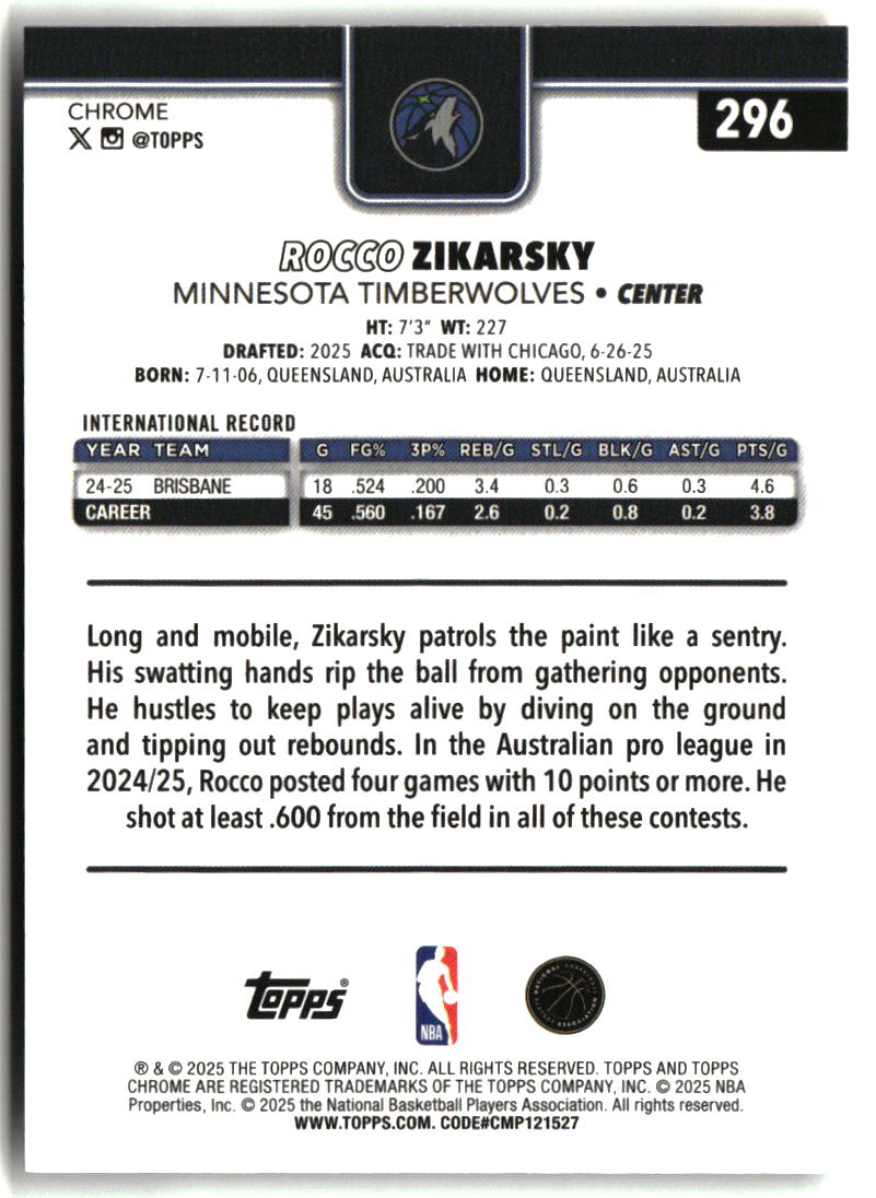 Rocco Zikarsky 2025-26 Topps Chrome #296