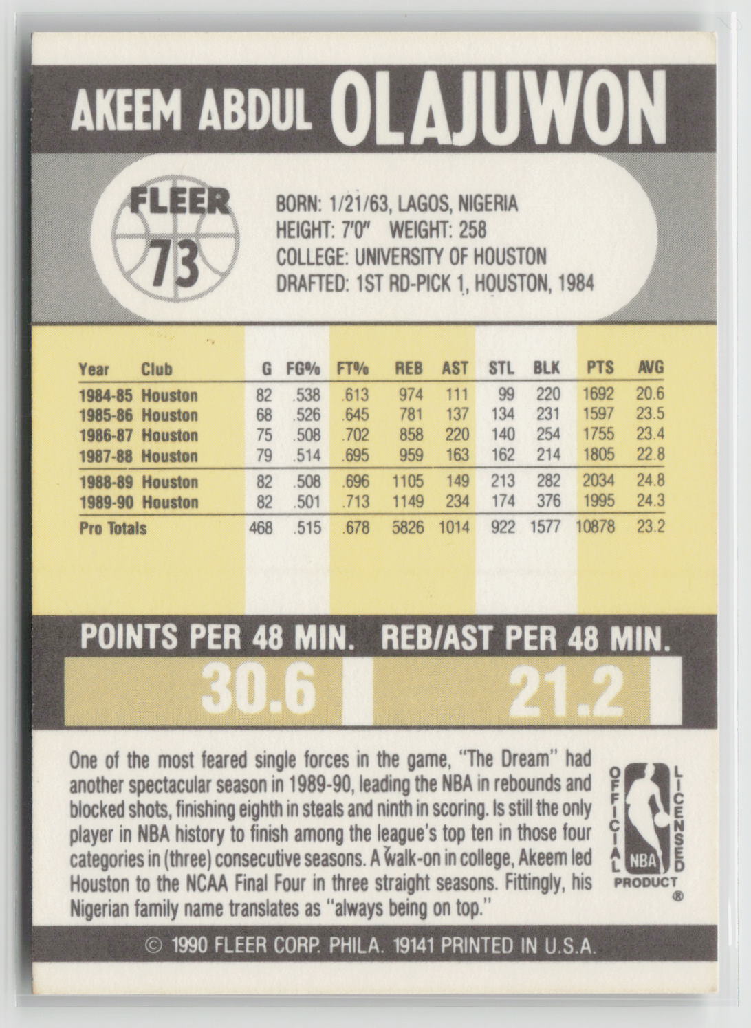 Akeem Olajuwon 1990-91 Fleer #73