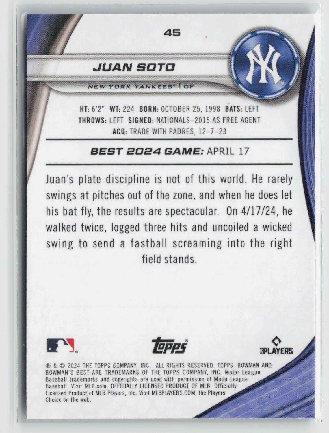 Juan Soto 2024 Bowman's Best Purple Mojo Refractors #45 #/250