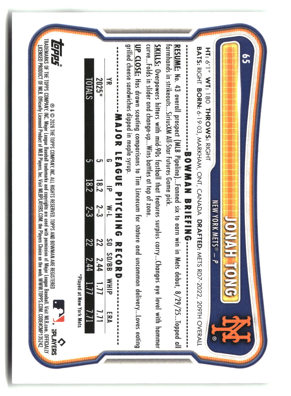 Jonah Tong 2026 Bowman #65