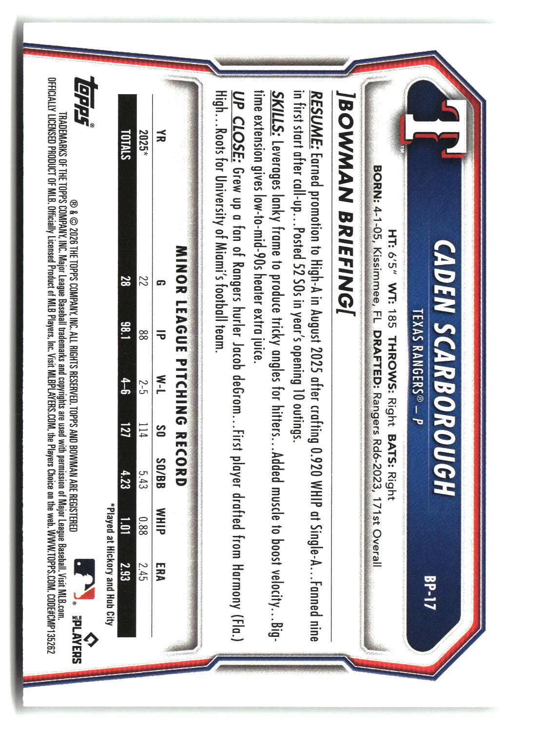 Caden Scarborough 2026 Bowman Prospects #BP-17