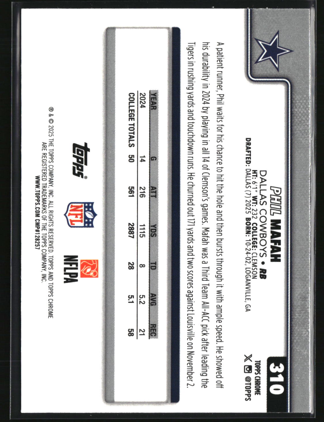 Phil Mafah 2025 Topps Chrome Football #310