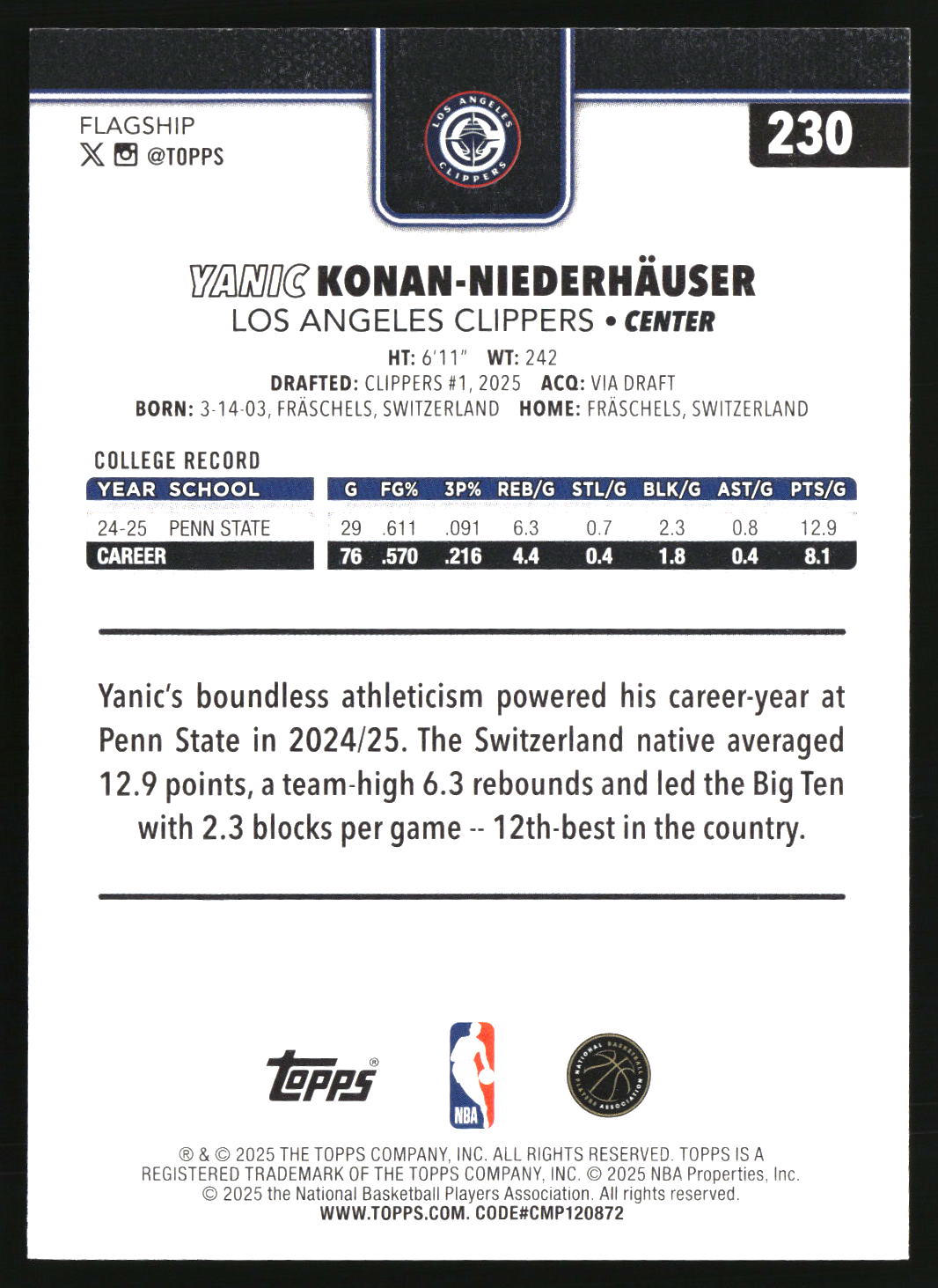 Yanic Konan-Niederhauser 2025-26 Topps #230