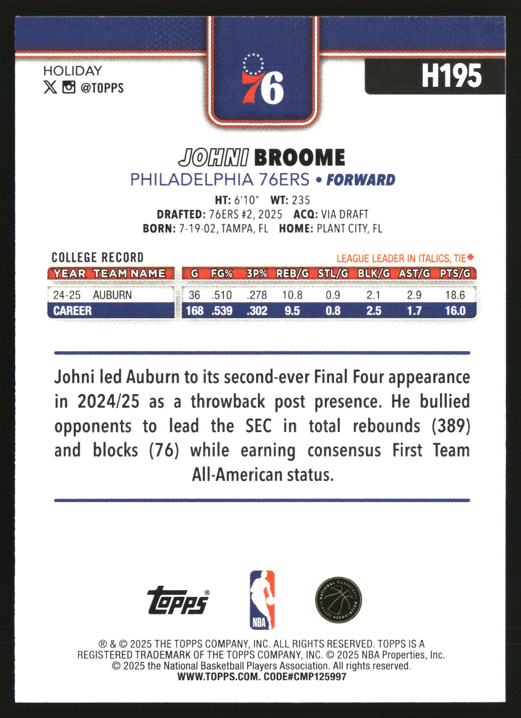 Johni Broome 2025-26 Topps Holiday #H195