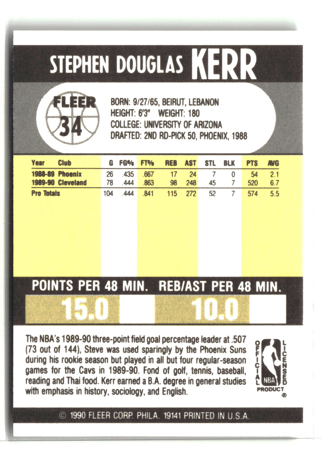 Steve Kerr 1990-91 Fleer #34