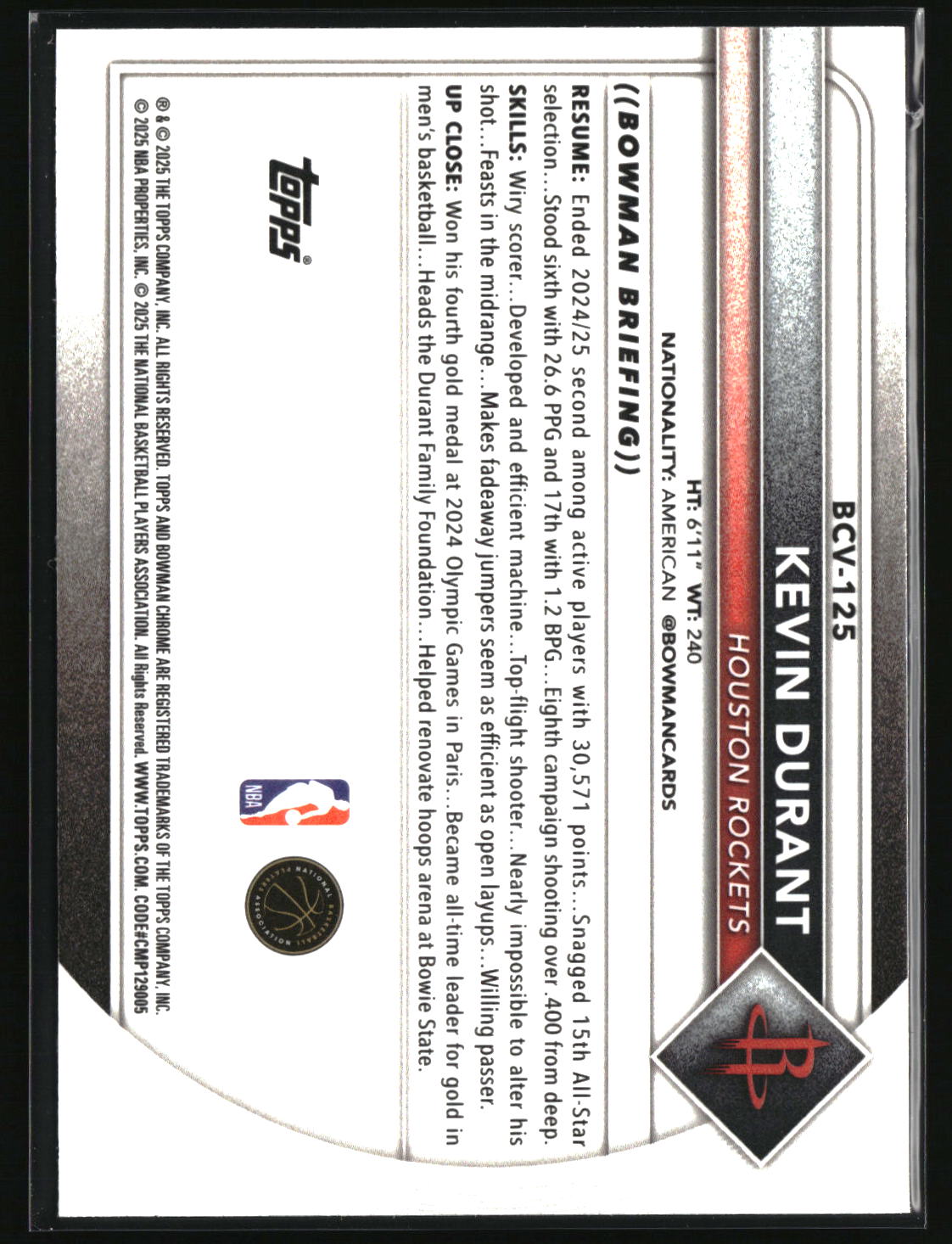 Kevin Durant 2025-26 Bowman Chrome Reptilian Refractor #BCV-125
