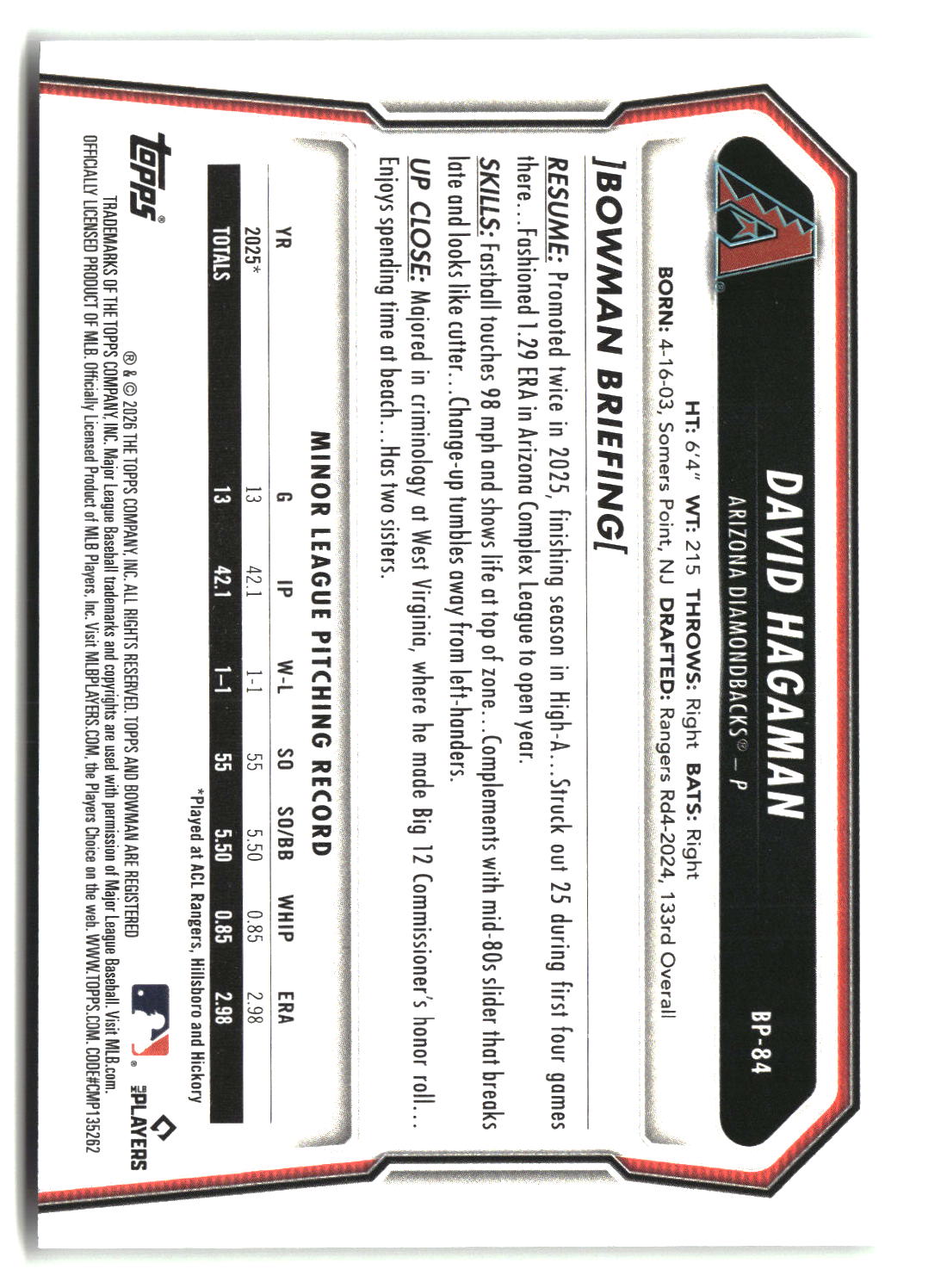 David Hagaman 2026 Bowman Prospects #BP-84